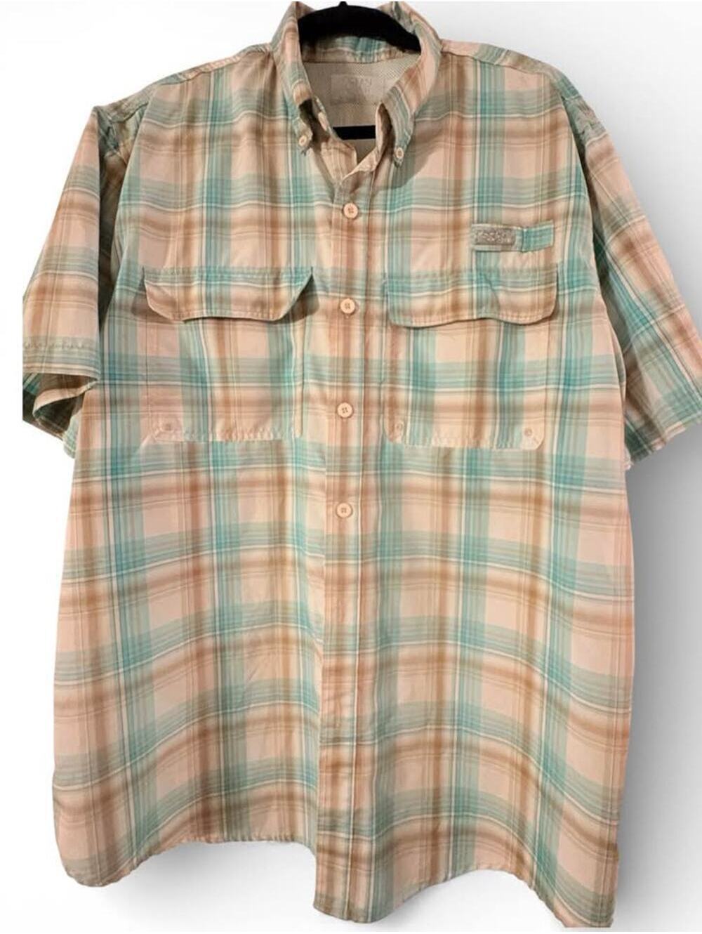 Ocean Coast Plaid Short Sleeve Button Up Shirt - L yet seems like XL check pic "